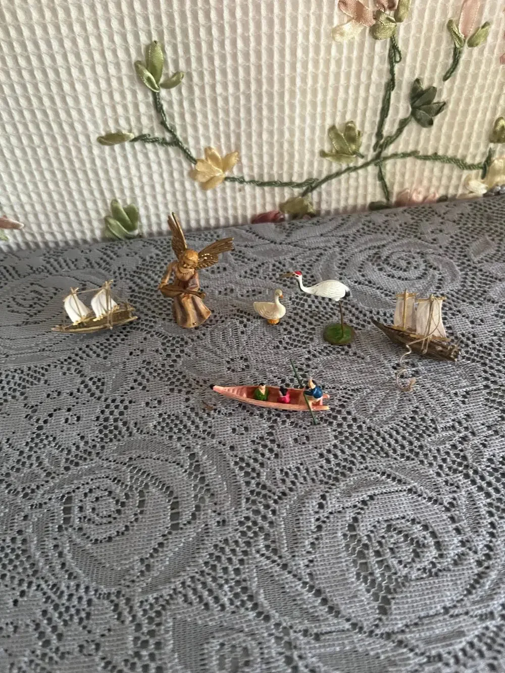 Vintage Miniature Japan Figurines Lot Celluloid Sailboat Crane Angel Canoe Bird